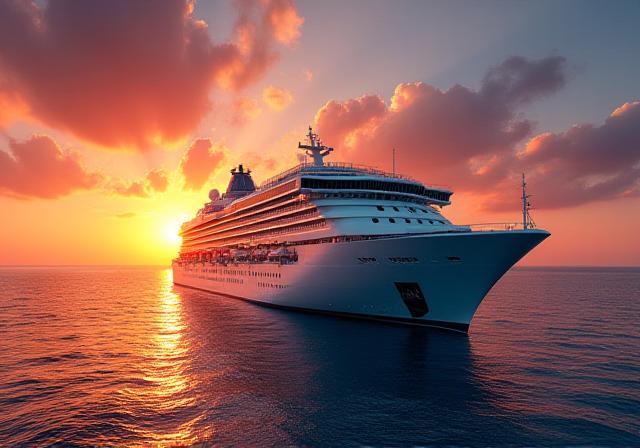 Nave da crociera di lusso al tramonto nel Mediterraneo